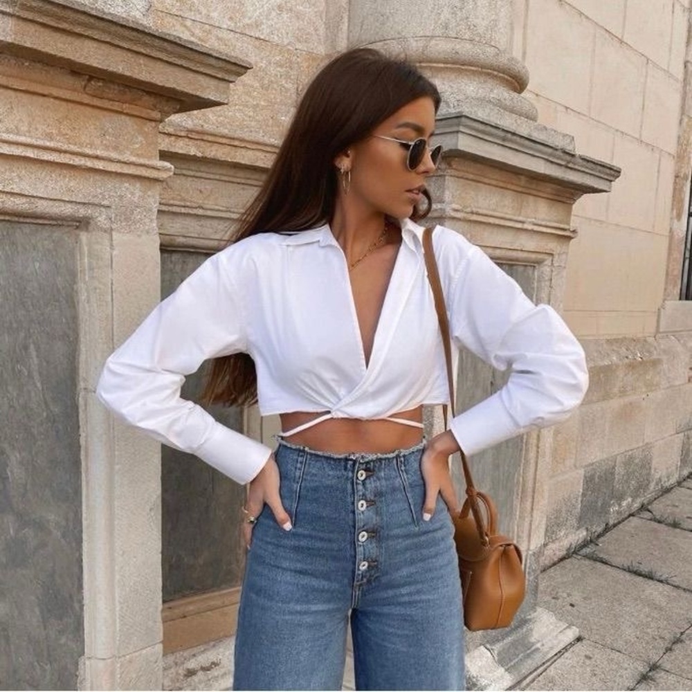 Zara White Cropped Wrap Shirt with Tie Detail